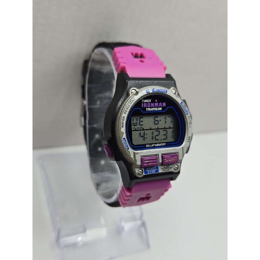 Vintage 1996 Timex Ironman Triathlon 50 Lap Purple Digital Watch New Battery - Picture 3 of 11